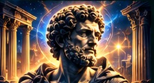 Classical philosopher bust in a glowing hall
