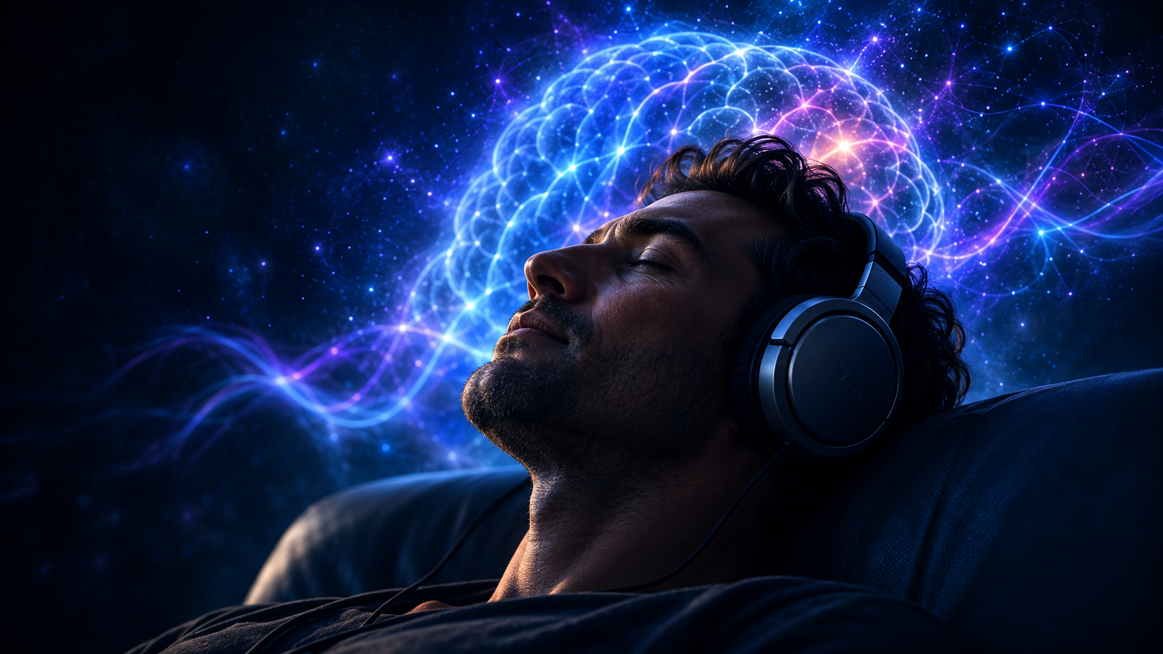 Person listening with headphones while a luminous neural network glows behind them