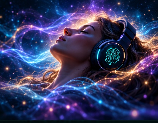 Relaxed listener wearing headphones surrounded by flowing blue and violet light